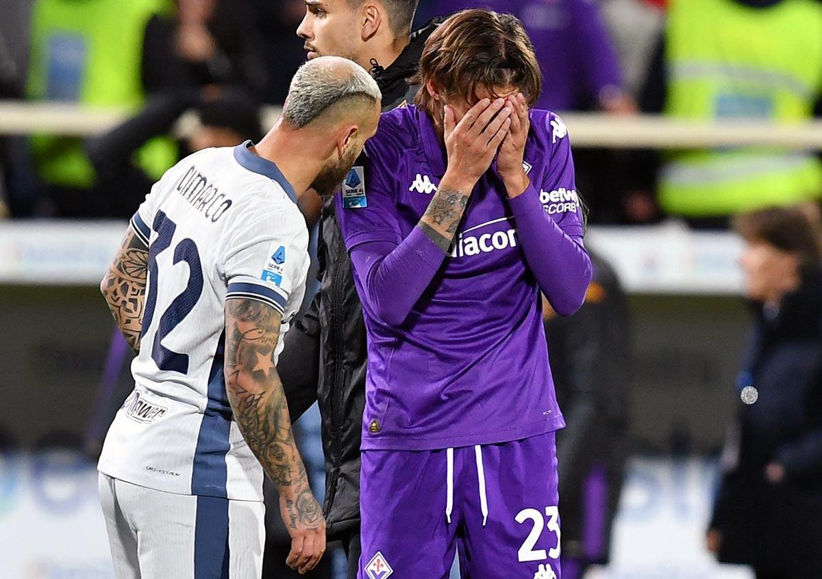 Fiorentina's Andrea Colpani and Inter Milan's Federico Dimarco react