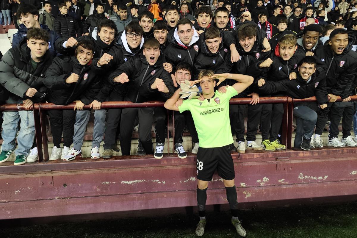  Pol Arnau celebrates with Logrones supporters after proving hero to knock out Girona from the Spanish Cup on Wednesday. 