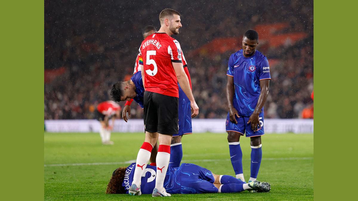 Chelsea's Marc Cucurella goes to ground after having his hair pulled by Southampton's Jack Stephens before the latter is sent off