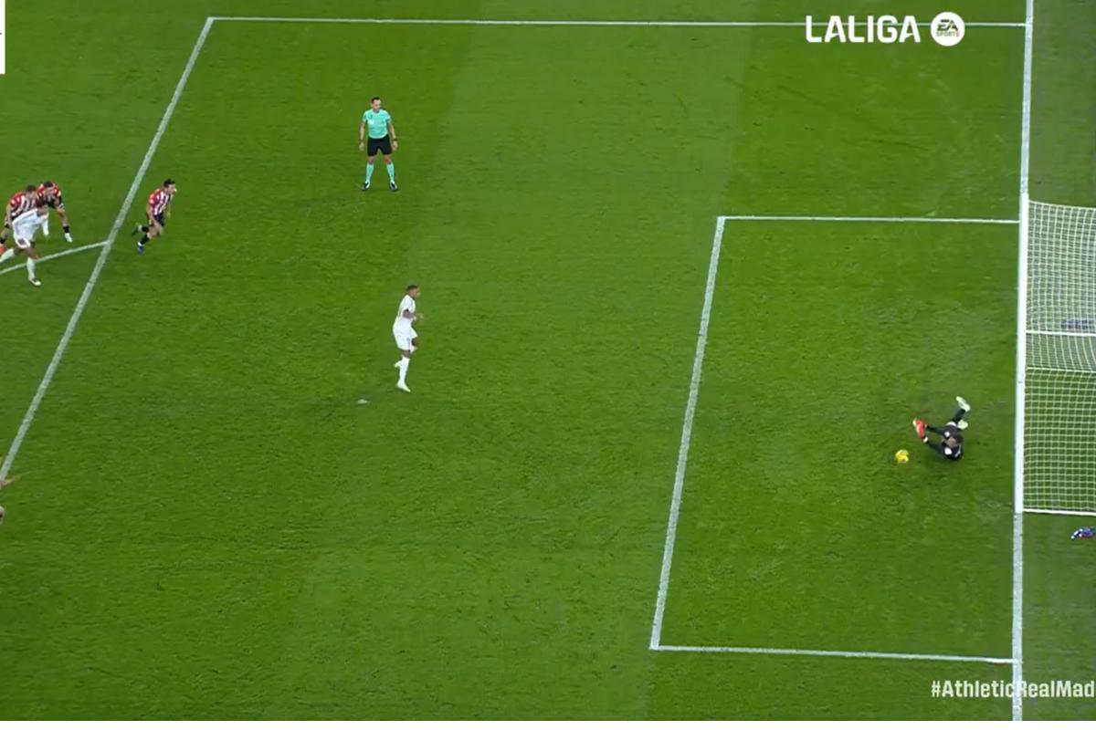 A screengrab of Kylian Mbappe missing a penalty during the La Liga match against Athletic Bilbao on Wednesday