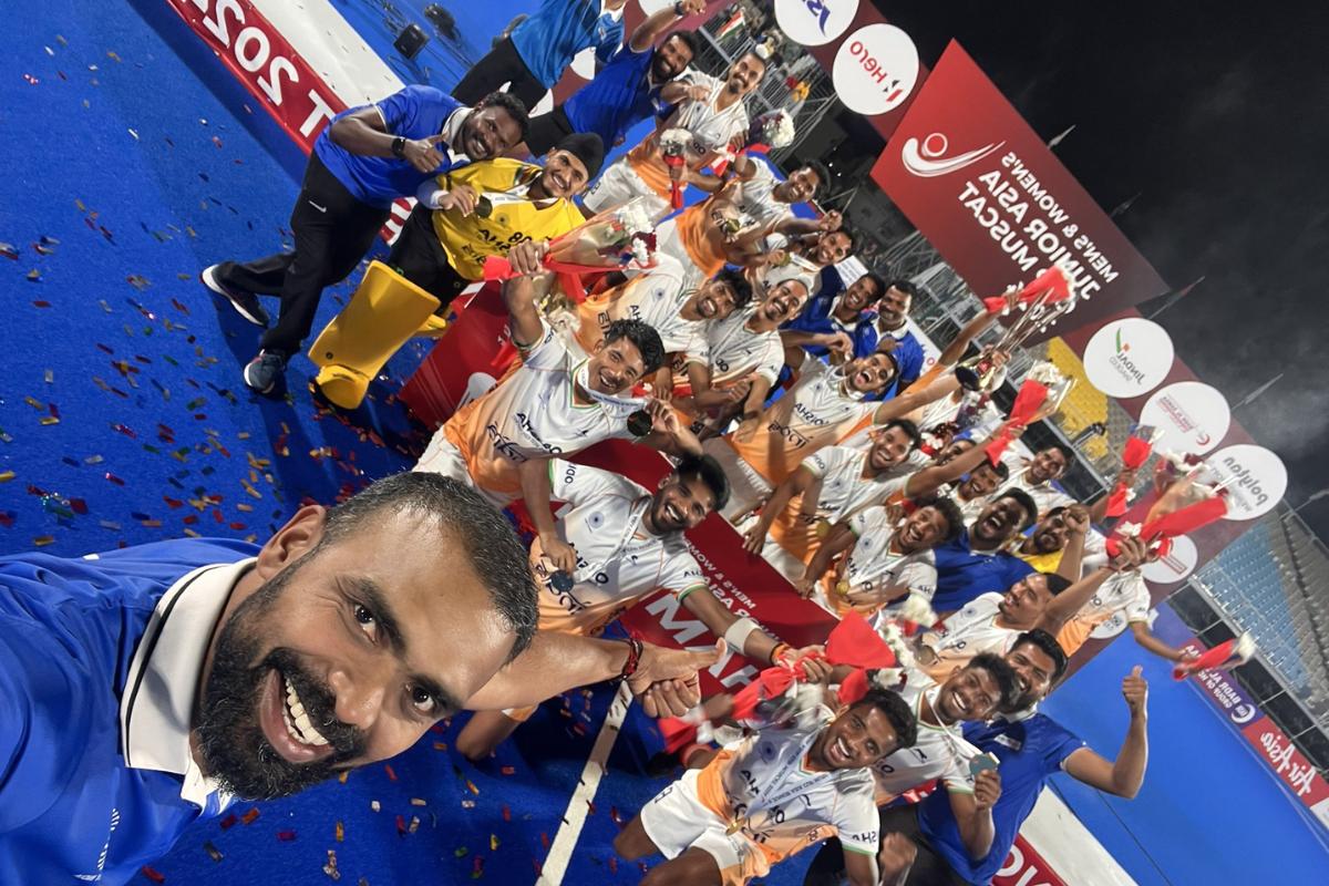 India's Junior Hockey Coach P R Sreejesh celebrates with his wards after their Junior Asia Cup title win over Pakistan in Muscat, December 4, 2024. 