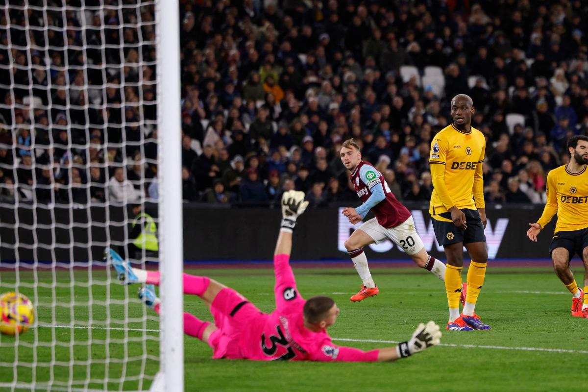 West Ham United's Jarrod Bowen scores their second goal against Wolverhampton Wanderers at London Stadium, London, Britain on Monday