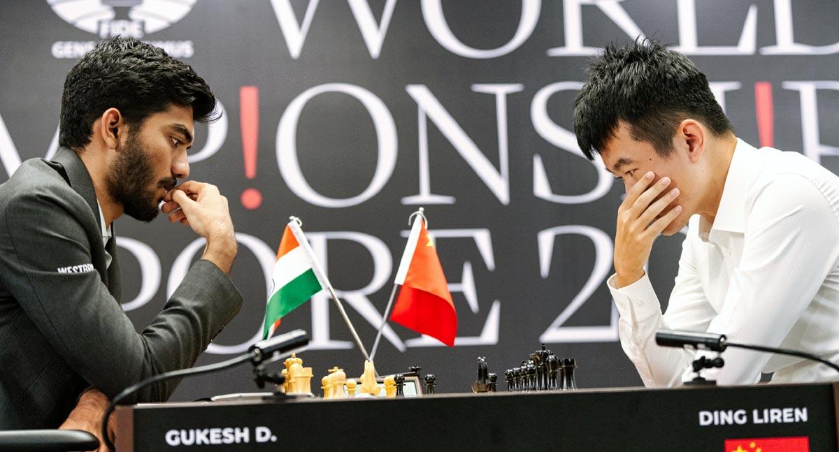 Dommaraju Gukesh in action against Ding Liren