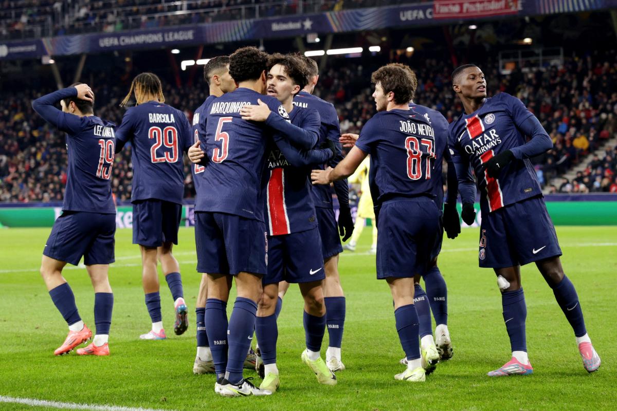 Paris St Germain players celebrate after Nuno Mendes scored their second goal