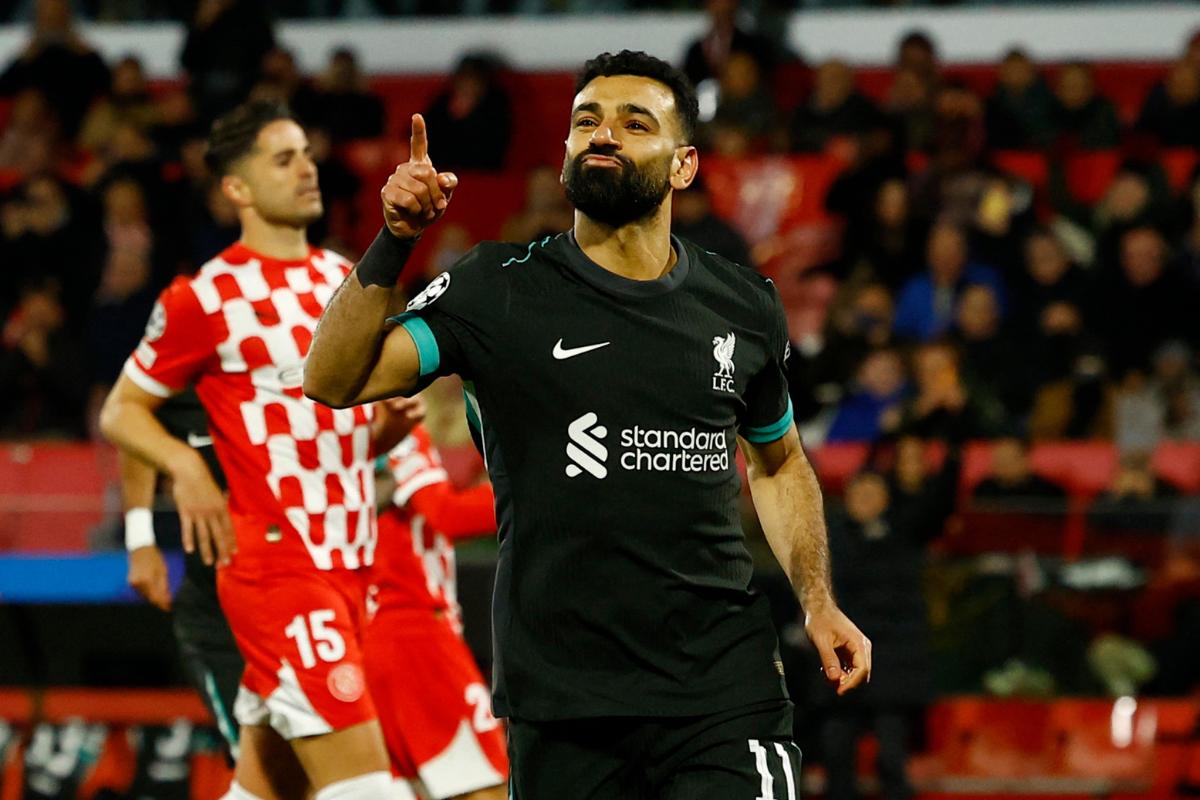 Liverpool's Mohamed Salah celebrates scoring their first goal