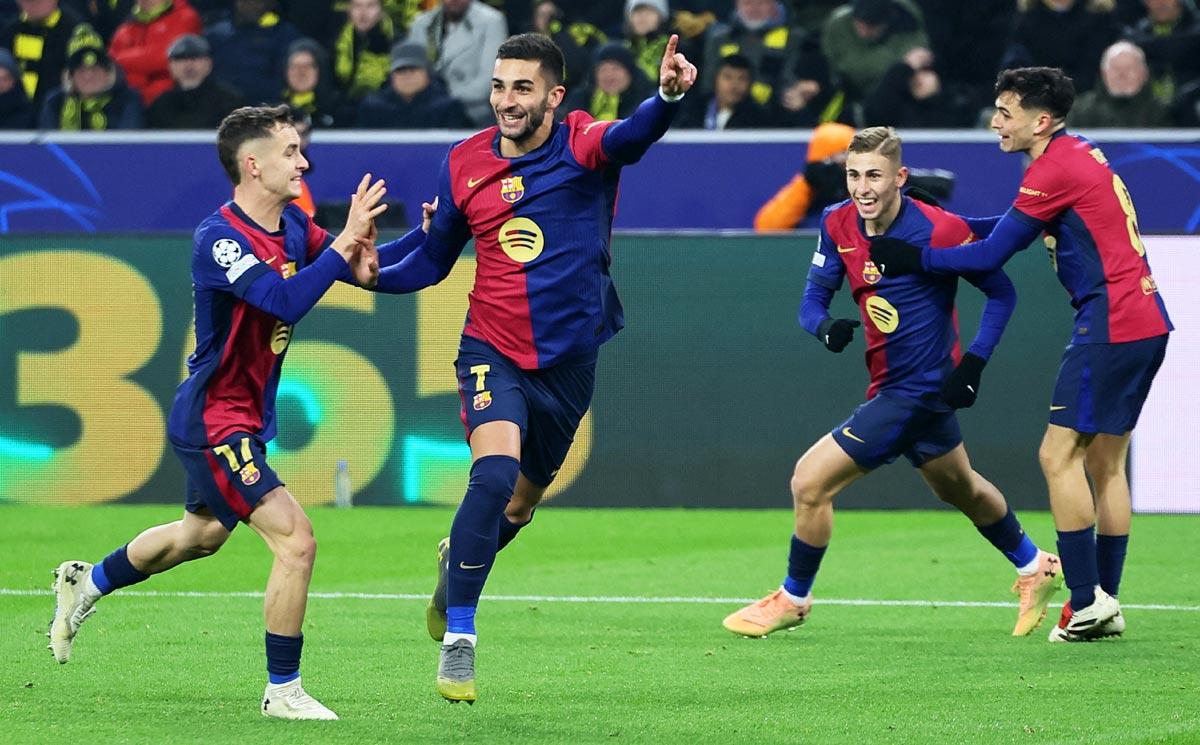 Ferran Torres celebrates scoring Barcelona's second goal