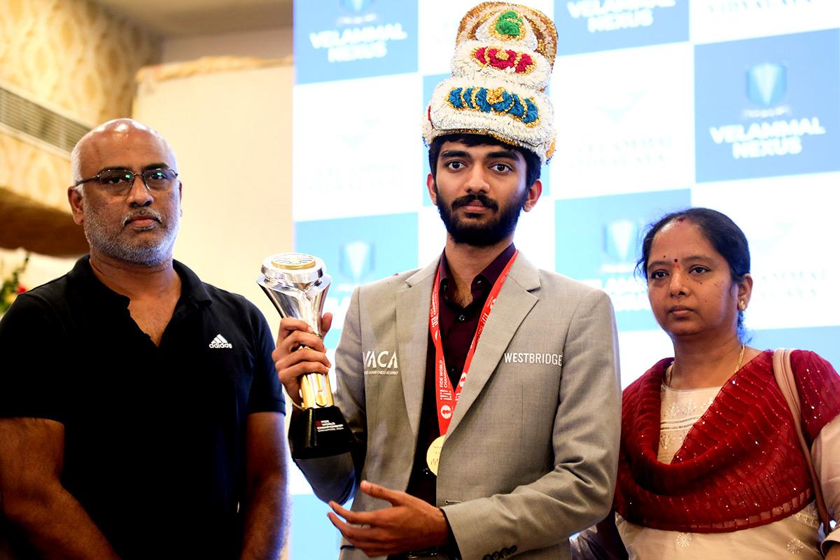 D Gukesh celebrates with his parents Dr Rajini Kanth Dommaraju and Dr J Padmakumari.