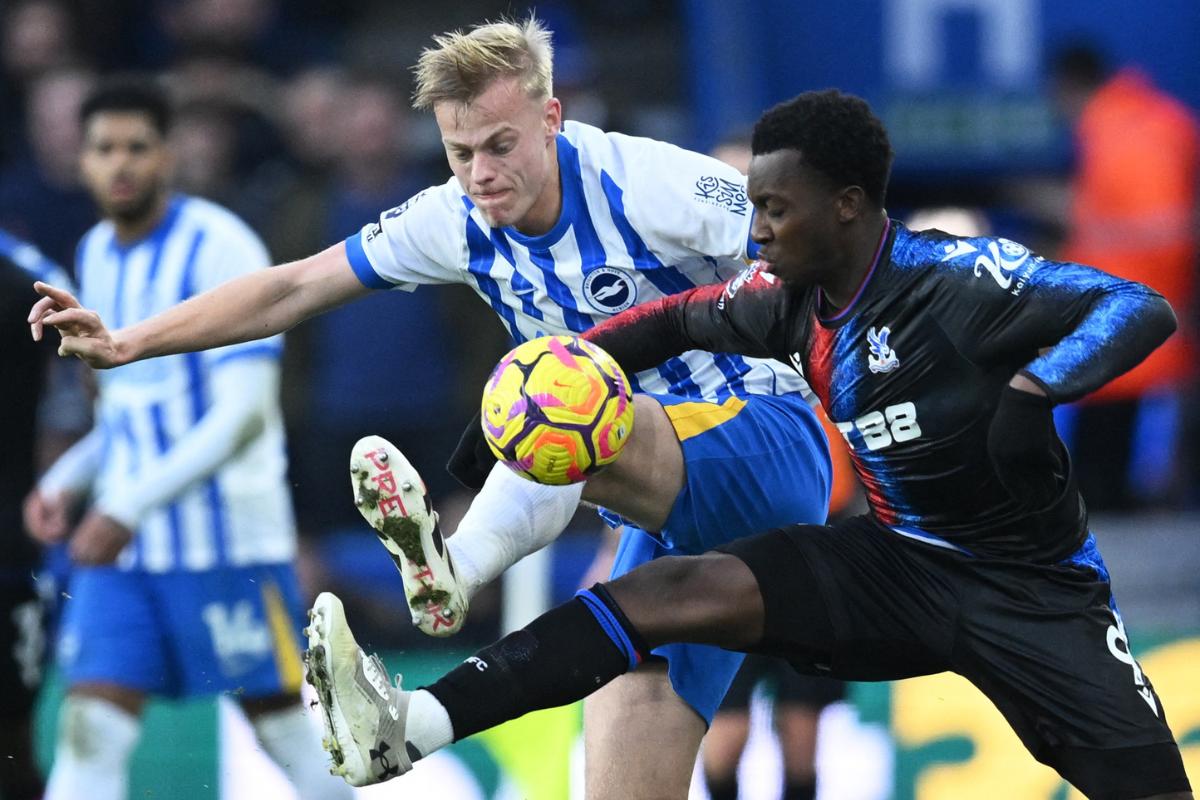 Brighton & Hove Albion's Jan Paul van Hecke in action with Crystal Palace's Eddie Nketiah during their match at The American Express Community Stadium, Brighton, Britain