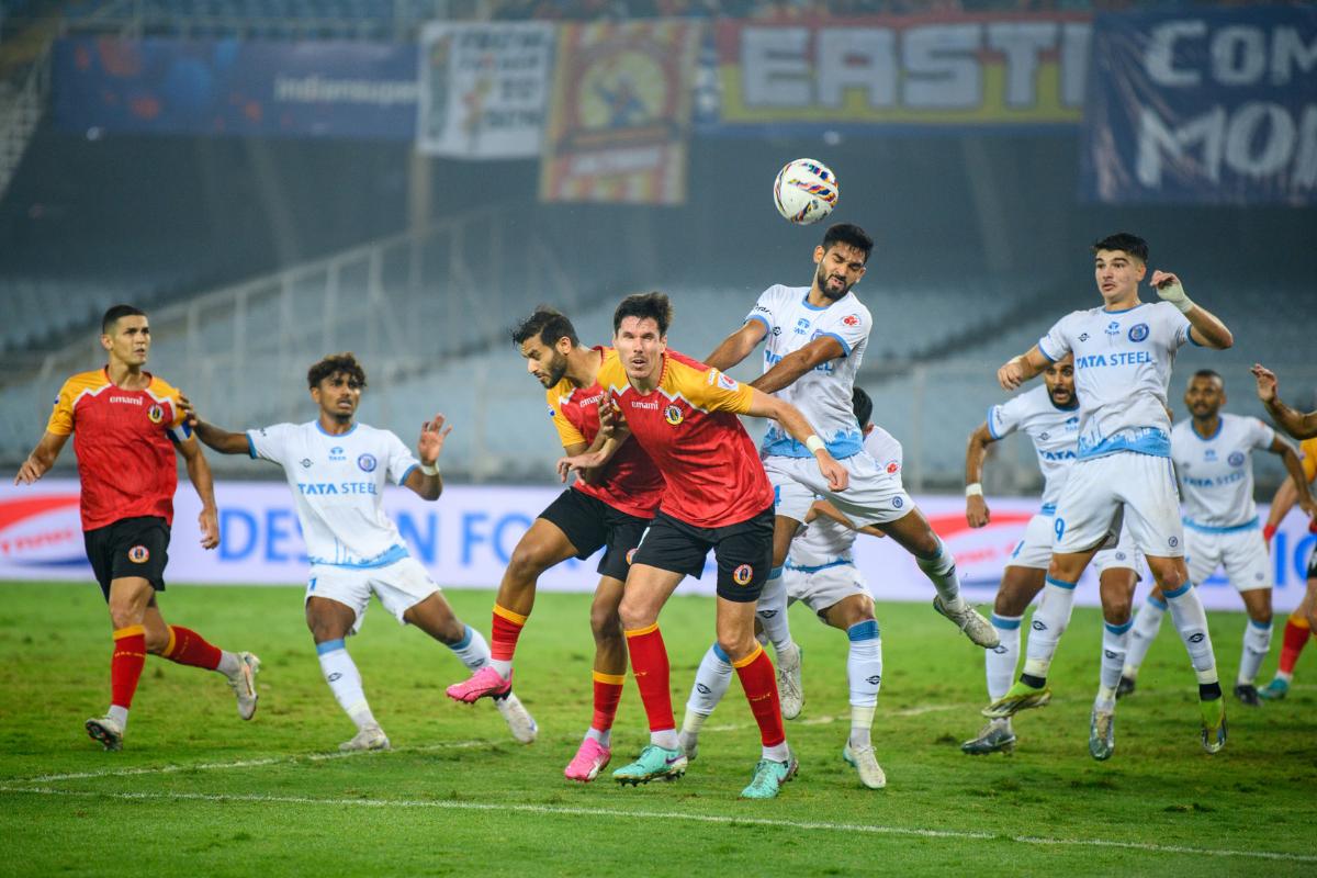 Players from Jamshedpur FC and East Bengal vie for possession during their ISL match in Kolkata on Saturday