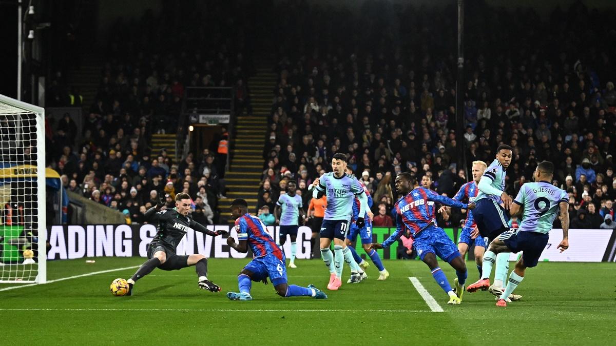 Gabriel Jesus scores Arsenal's first goal past Crystal Palace's Dean Henderson at Selhurst Park, London.