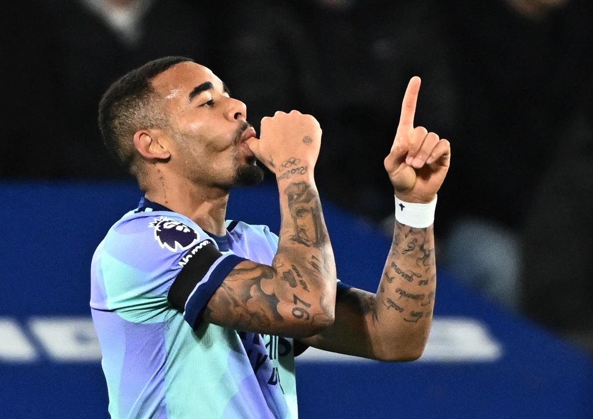 Gabriel Jesus celebrates scoring Arsenal's second goal.