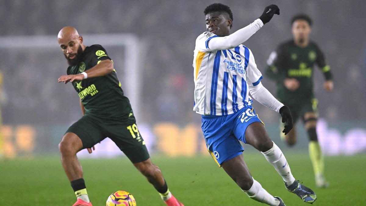 Brentford's Bryan Mbeumo and Brighton & Hove Albion's Carlos Baleba battle for possession during thier match at The American Express Community Stadium, Brighton.