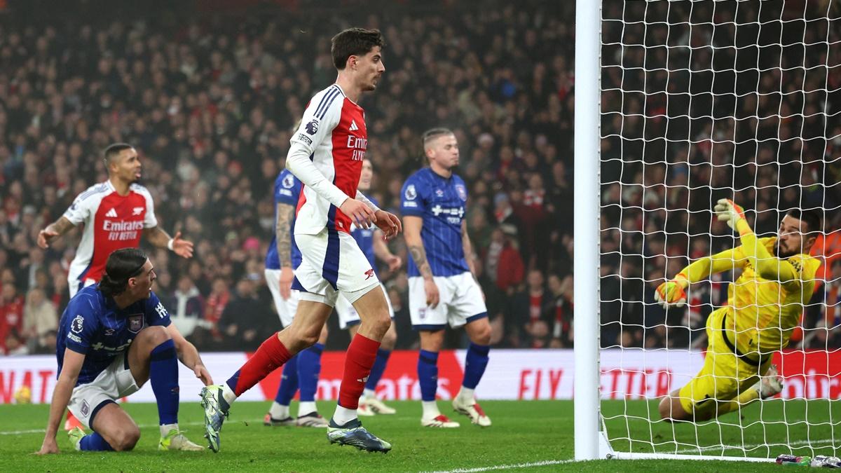 Kai Havertz scores Arsenal's only goal of the match during the Premier League match against Ipswich Town at Emirates Stadium, London, on Friday.