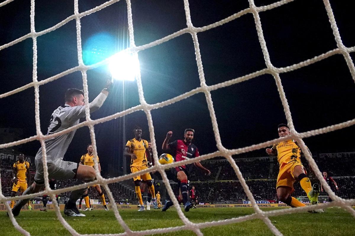 Inter Milan's Lautaro Martinez scores their second goal against Cagliari during their Serie A match at Unipol Domus, Cagliari, Italy on Saturday