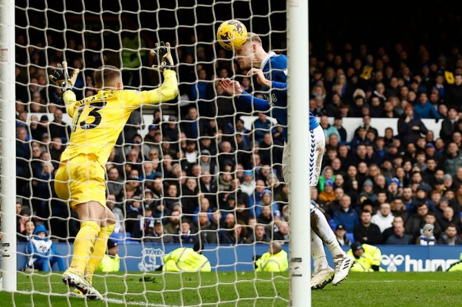 Everton's Jarrad Branthwaite scores their second goal and the equaliser against Tottenham Hotspur - Goodison Park, Liverpool, Britain, on Saturday. 