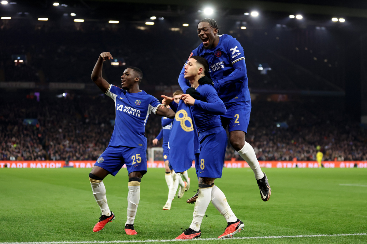 Chelsea's Enzo Fernandez celebrates after scoring the third goal against Aston Villa in their  FA Cup Fourth Round Replay at Villa Park, Birmingham, Britain on Wednesday