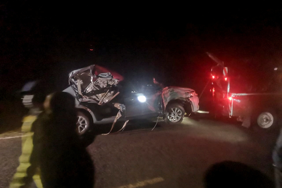 The wreckage of the vehicle in which Kenya's marathon world record holder Kelvin Kiptum and his coach were killed, is towed from the scene of the accident along the Kaptagat to Eldoret highway, near the Rift Valley town of Eldoret, Kenya, on Monday, February 12, 2024.