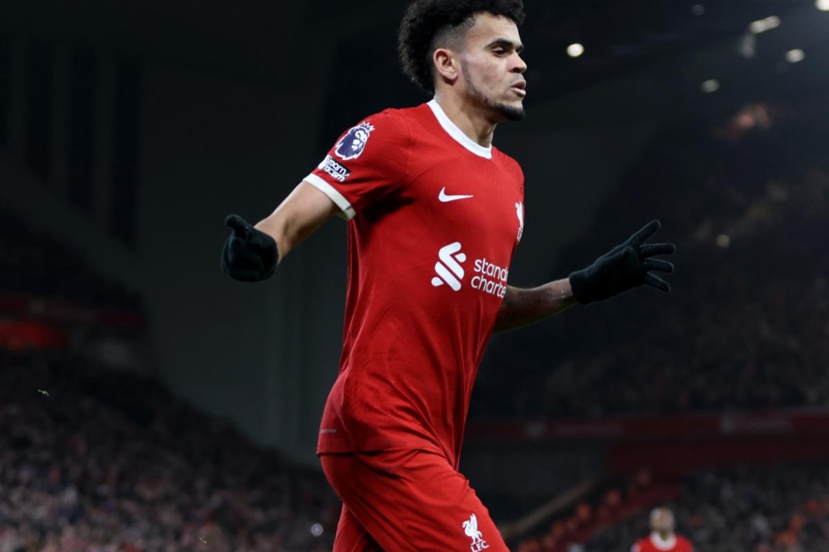 Liverpool's Luis Diaz celebrates scoring the 3rd goal