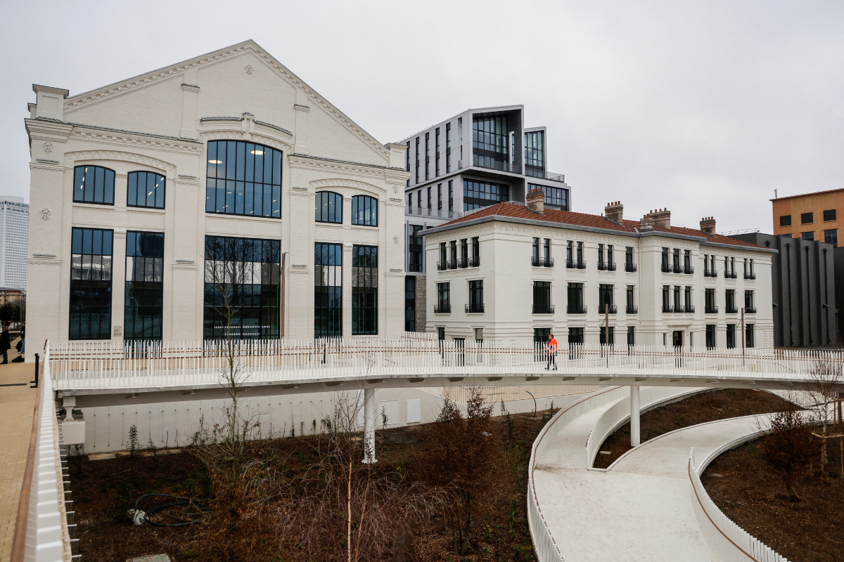 A view of buildings at the Paris 2024 Olympic village on its inauguration day in Saint-Denis, northern Paris, France, on February 29, 2024. The village, constructed on a 52-hectare site is located on a cluster of former industrial wastelands with the centrepiece being the Cite du Cinema. 