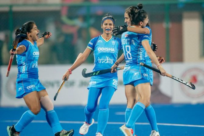 Udita Duhan celebrates her opening goal with teammates in the FIH Olympic qualifier match against Italy in Ranchi on Tuesday