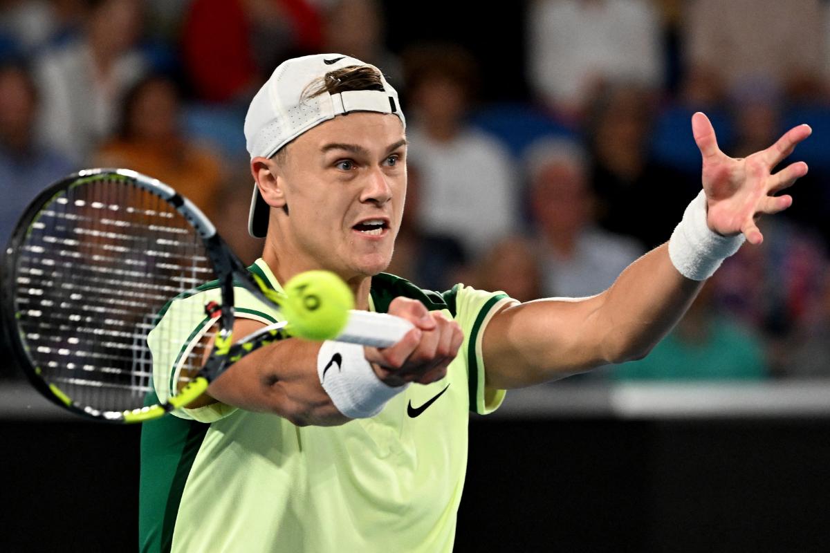 Denmark's Holger Rune in action during his second round match against France's Arthur Cazaux 