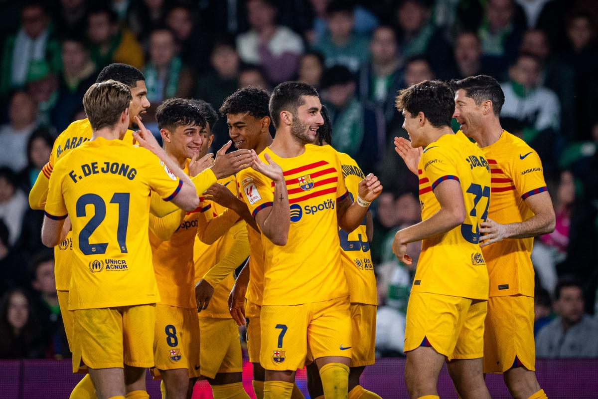 FC Barcelona's Ferran Torres celebrates his hat-trick with teammates