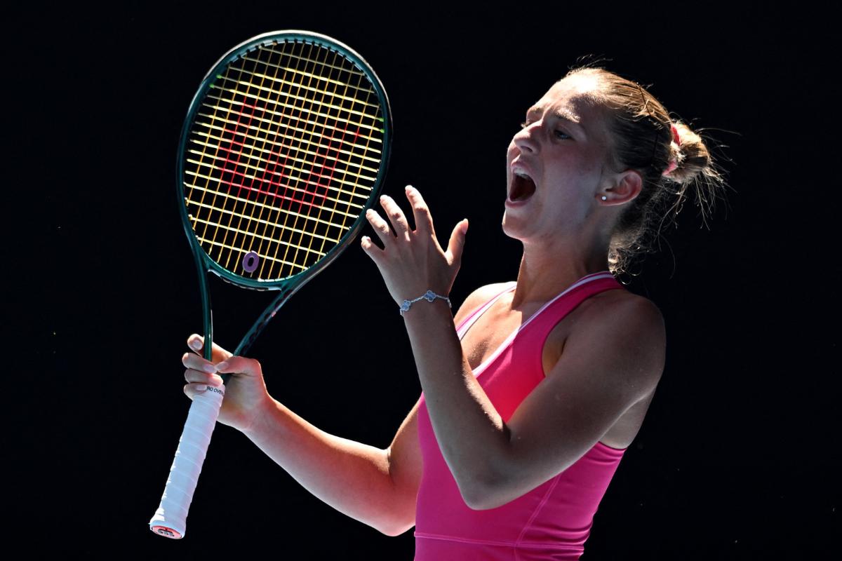 Ukraine's Marta Kostyuk reacts during her quarter-final match against Coco Gauff