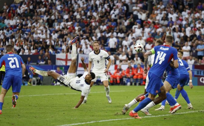 Jude Bellingham scores deep into stoppage time with a bicycle kick to help England draw level with Slovakia in the Euro 2024 Round of 16 match at Arena AufSchalke, Gelsenkirchen, Germany, on Sunday.