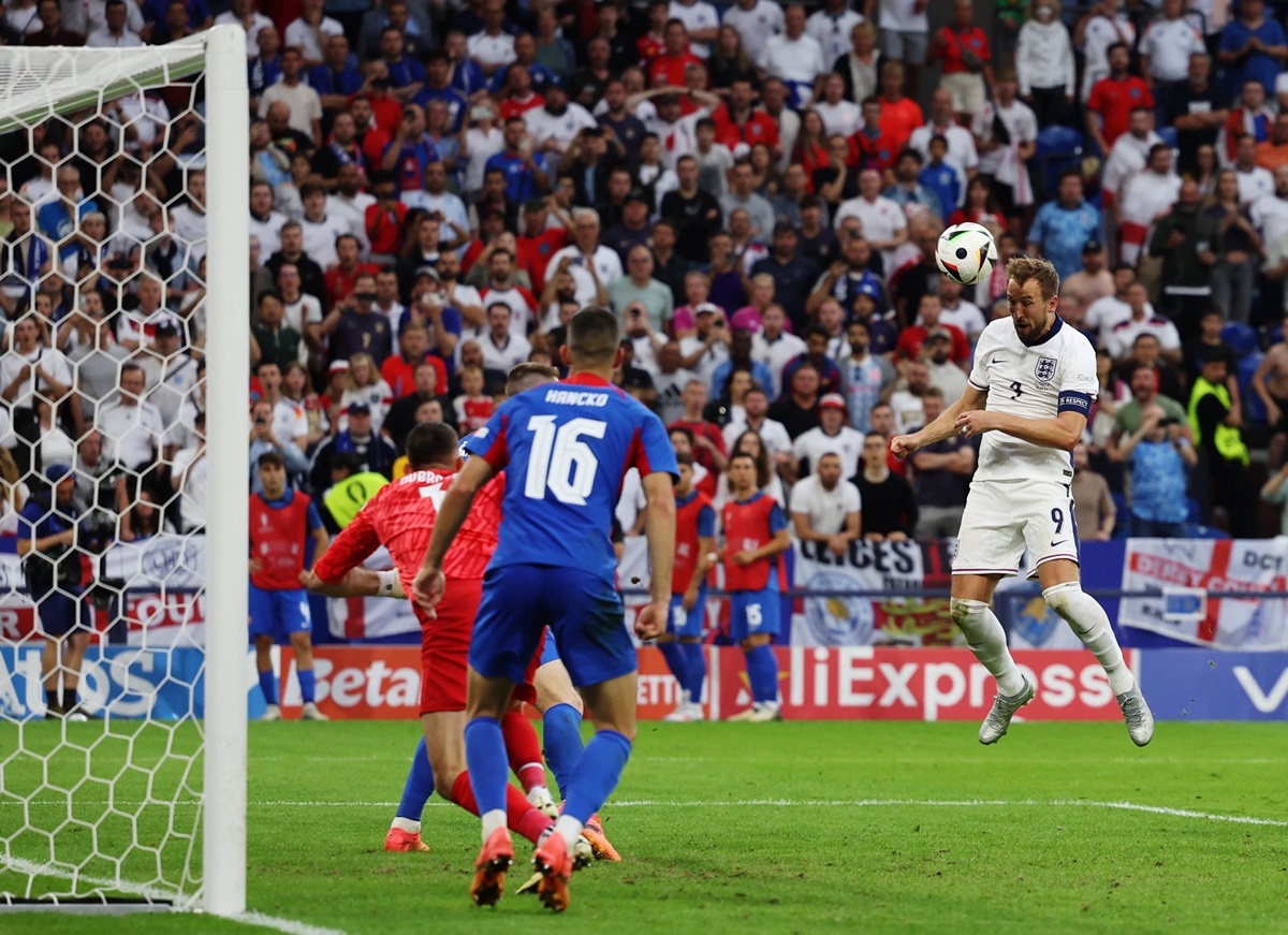 Harry Kane heads home the match-winner for England in extra-time. 
