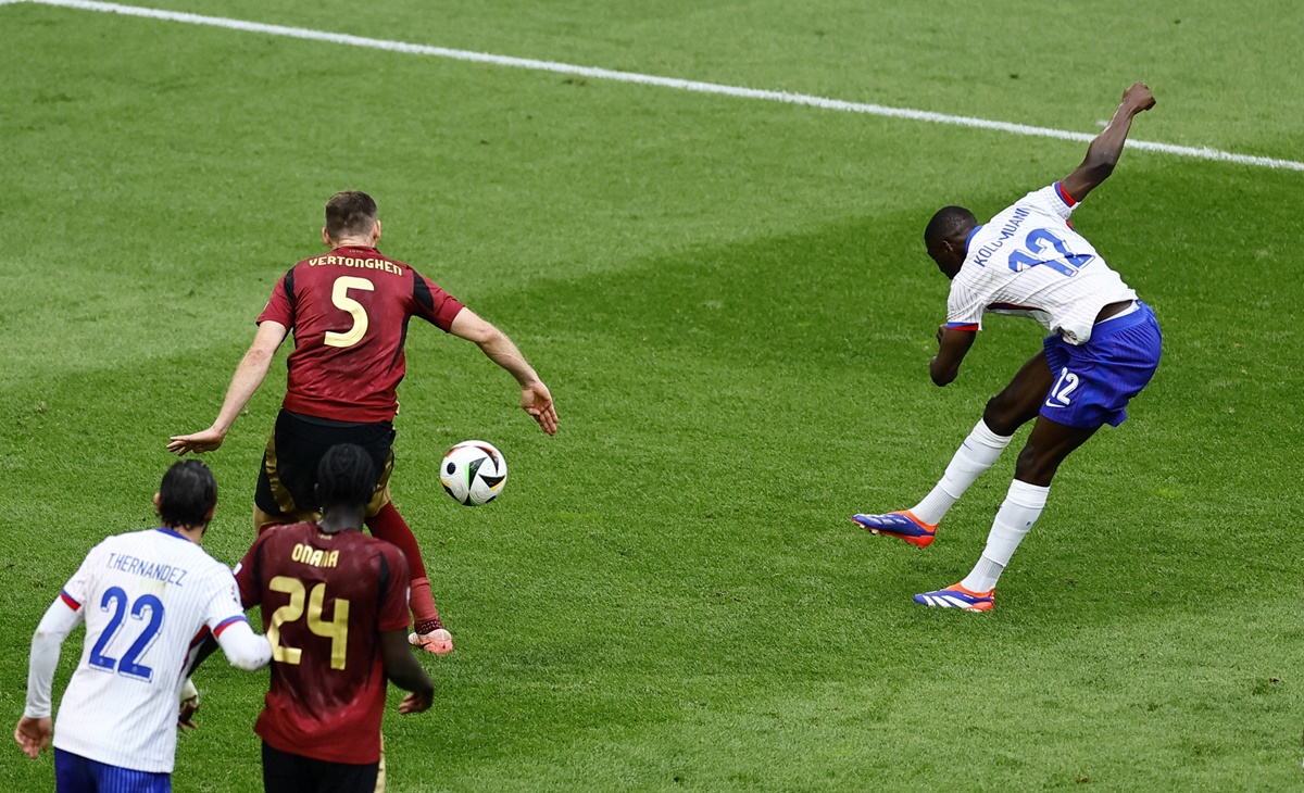 Randal Kolo Muani fires the ball into the Belgium goal to earn France victory in the Euro 2024 Round of 16 match at Dusseldorf Arena, Dusseldorf, Germany, on Monday.