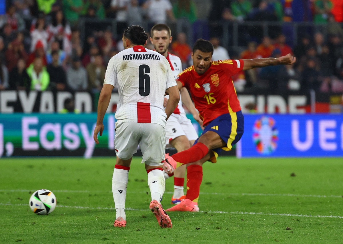 Rodri scores Spain's their first goal during the Euro 2024 Round of 16 match against Georgia, at Cologne Stadium, Germany, on Sunday.