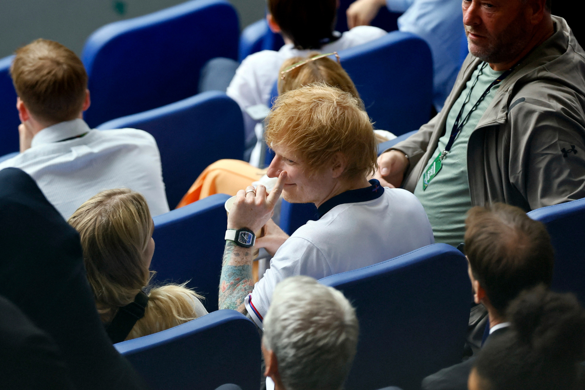 Singer Ed Sheeran is pictured in the stands at the Arena AufSchalke, Gelsenkirchen, Germany, during the Euro 2024, Round of 16 match between England and Slovakia, on Sunday, June 30