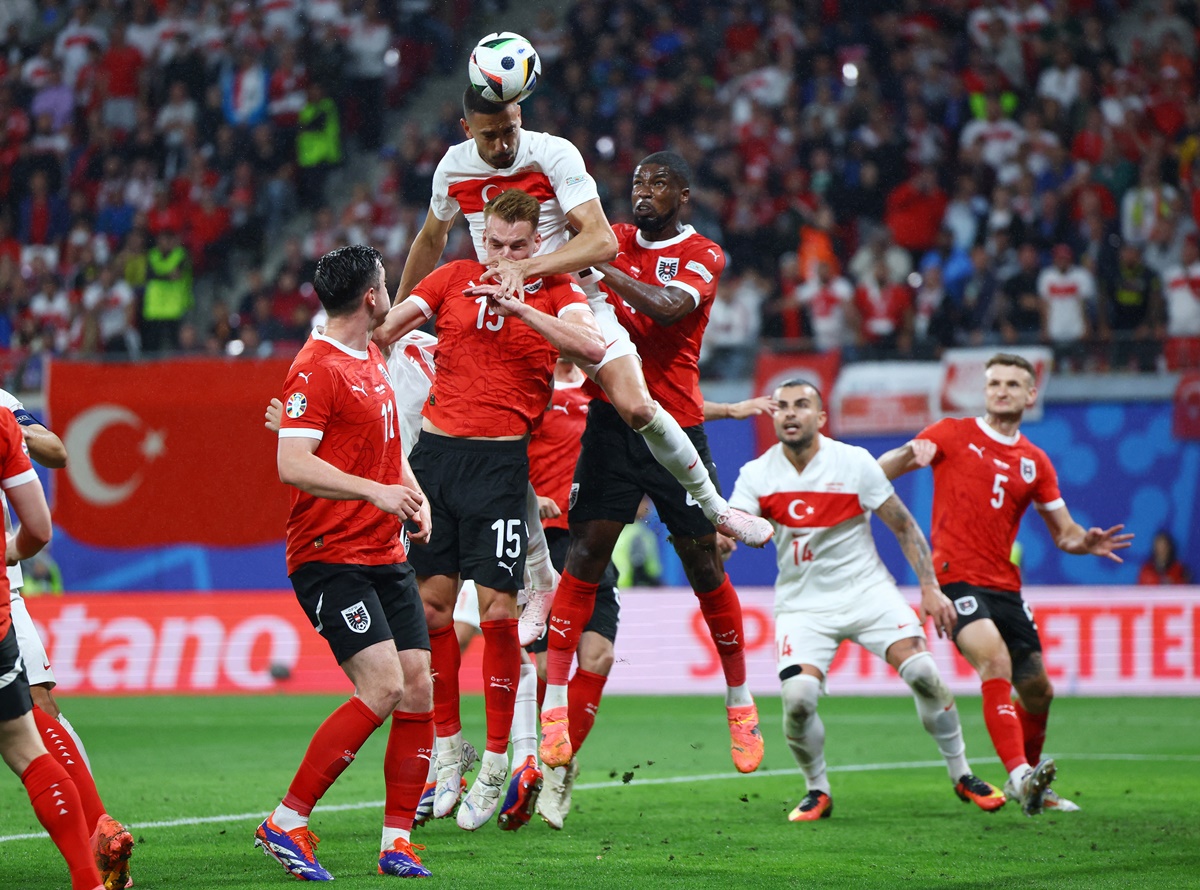 Merih Demiral towers above the Austrian defence to score Turkey's second goal during the Euro 2024 Round of 16 match, at Leipzig stadium, Leipzig, Germany, on Tuesday. 