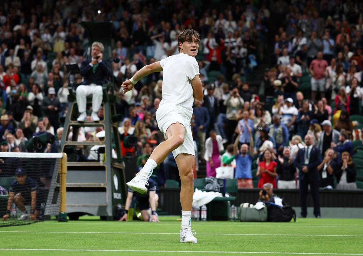 Britain's Jack Draper celebrates winning his first round match against Sweden's Elias Ymer.