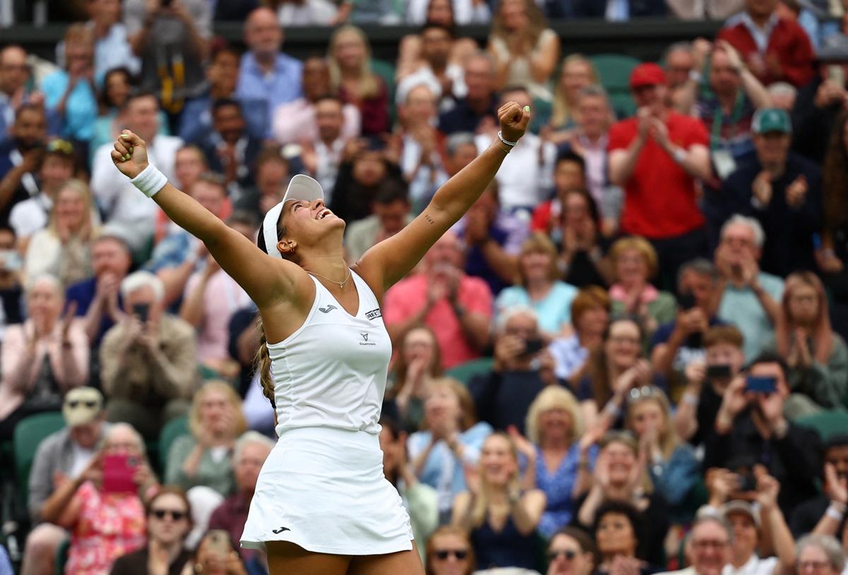 Spain's Jessica Bouzas Maneiro celebrates winning her first round match against the Czech Republic's Marketa Vondrousova at the All England Lawn Tennis and Croquet Club, London, on Tuesday.