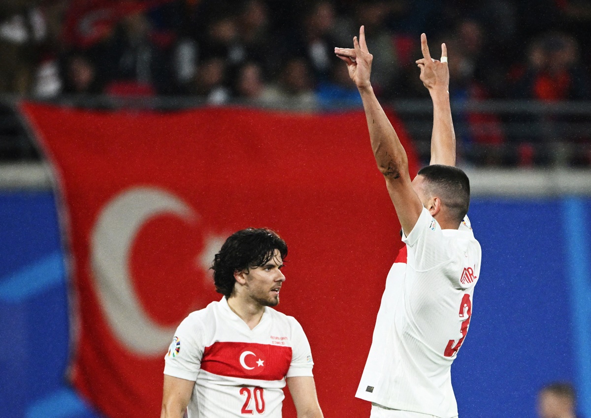 Merih Demiral celebrates scoring Turkey's second goal with a 'wolf' salute during the Euro 2024 Round of 16 match against Austria, at Leipzig Stadium, Germany, on July 2, 2024.