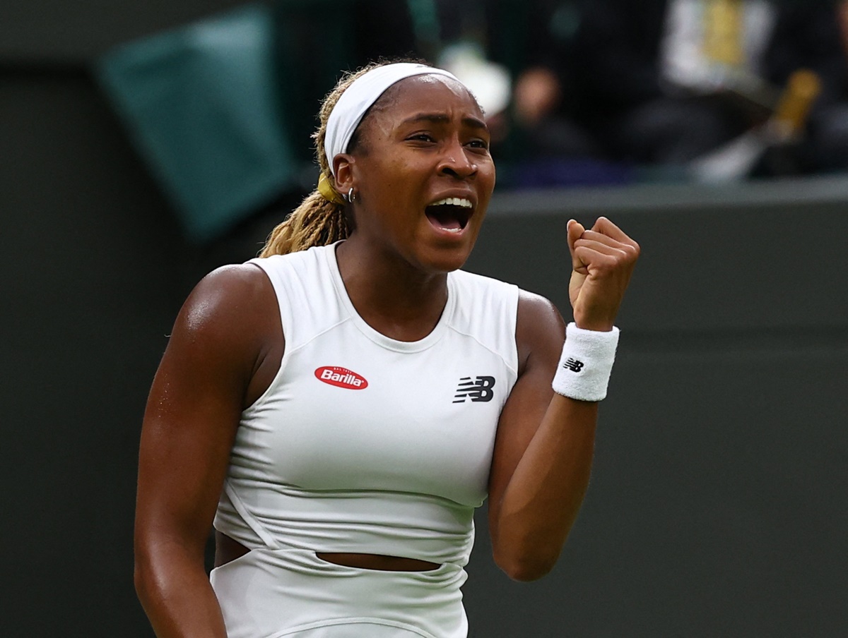 Coco Gauff of the United States celebrates winning her third round match against Britain's Sonay Kartal at the All England Lawn Tennis and Croquet Club, London, on Friday. 