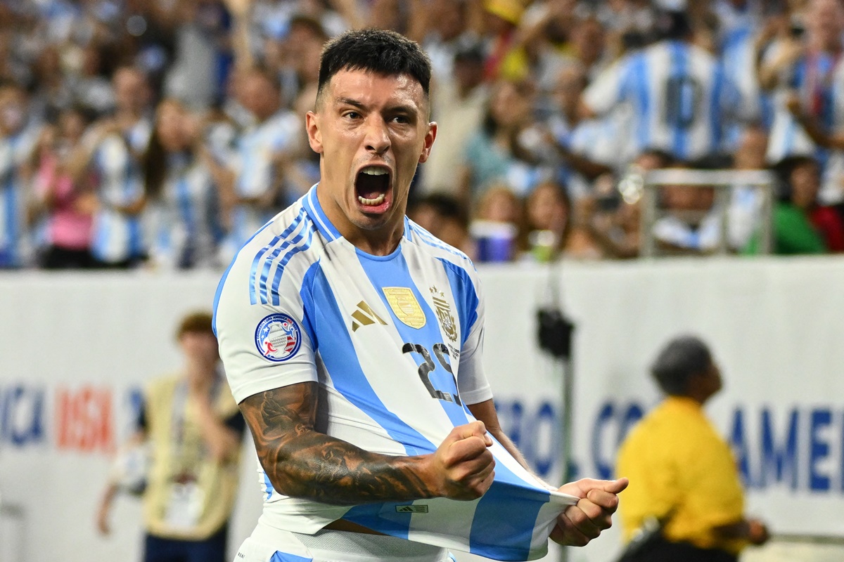 Defender Lisandro Martinez reacts after putting Argentina ahead in the match.