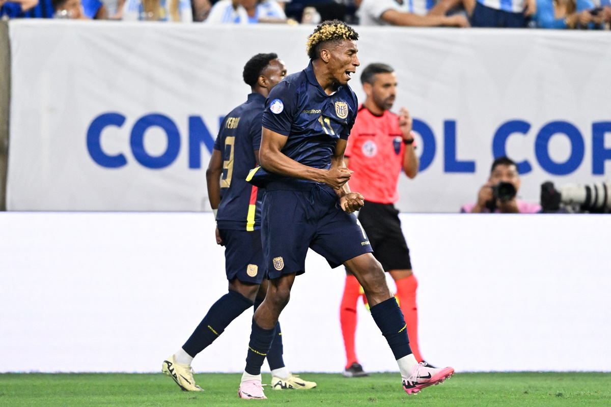 Ecuador’s midfielder Kevin Rodriguez celebrates in stoppage time.