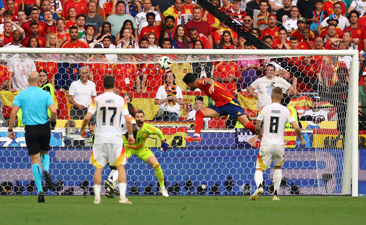 Mikel Merino heads the ball home in extra-time to earn Spain victory over Germany in Euro 2024 quarter-final at Stuttgart Arena, Germany, on Friday.