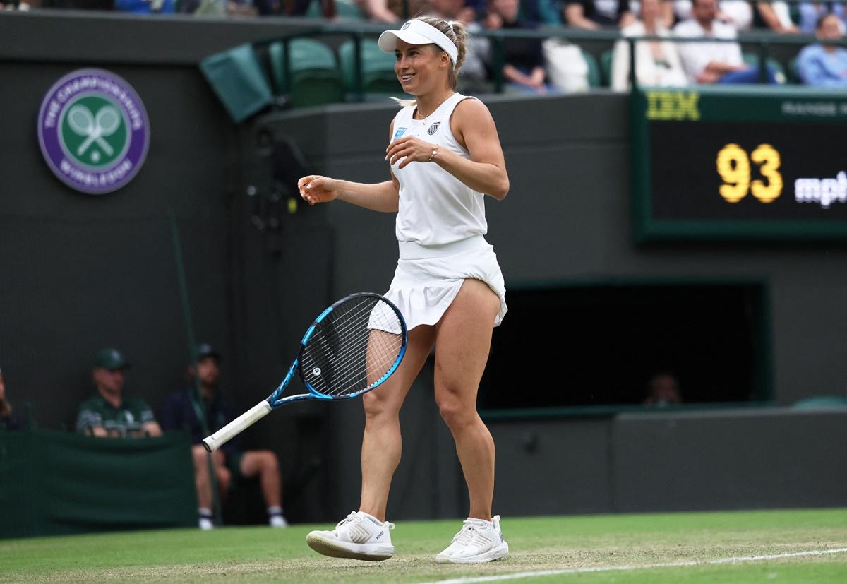 Kazakhstan's Yulia Putintseva reacts after winning her ladies third round match against Poland's Iga Swiatek at the Wimbledon Championships on Saturday.