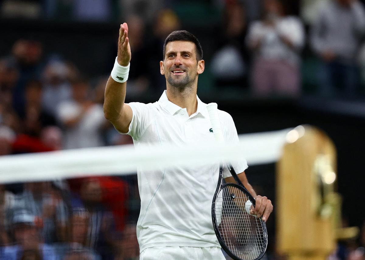 Serbia's Novak Djokovic celebrates winning his third round match against Australia's Alexei Popyrin at the Wimbledon Championships on Saturday.