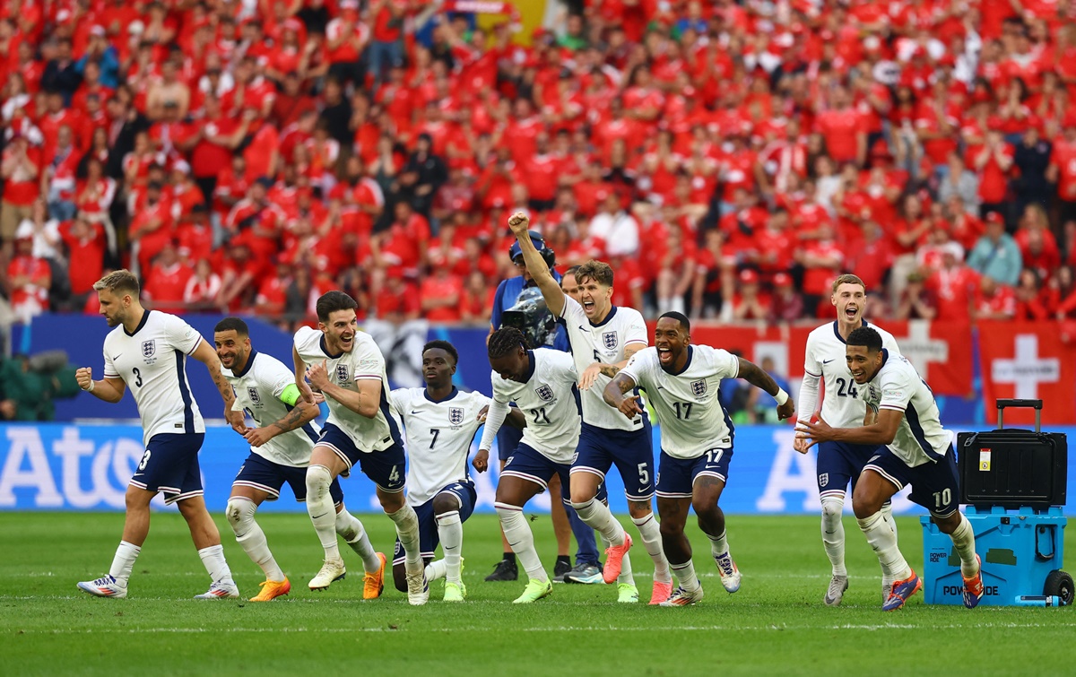 England players celebrate after winning the penalty shoot-out in the Euro 2024 quarter-final against Switzerland, at Dusseldorf Arena, Germany, on Saturday.