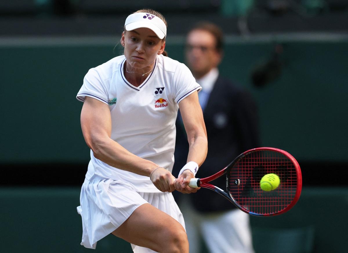 Kazakhstan's Elena Rybakina in action during her third round match against Denmark's Caroline Wozniacki.