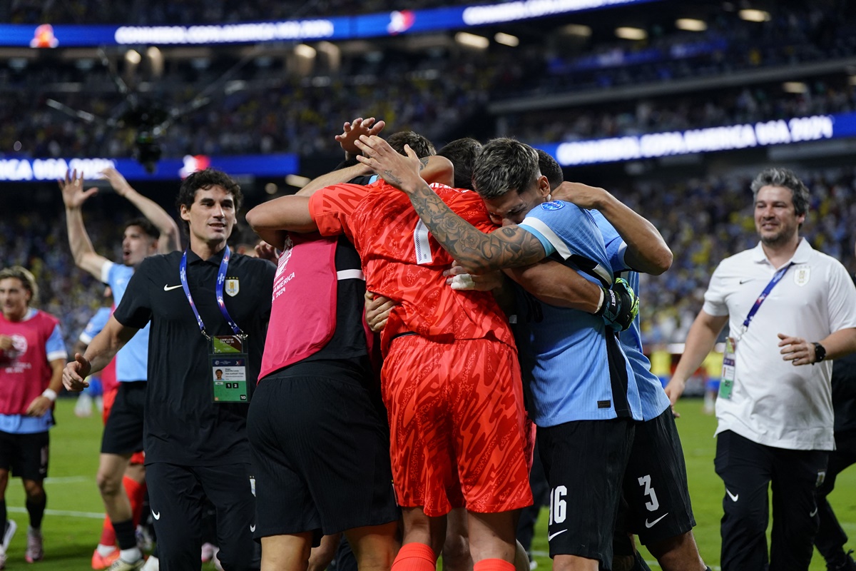 Uruguay players celebrate after defeating Brazil in Copa America quarter-finals at Allegiant Stadium, Las Vegas, on Saturday.