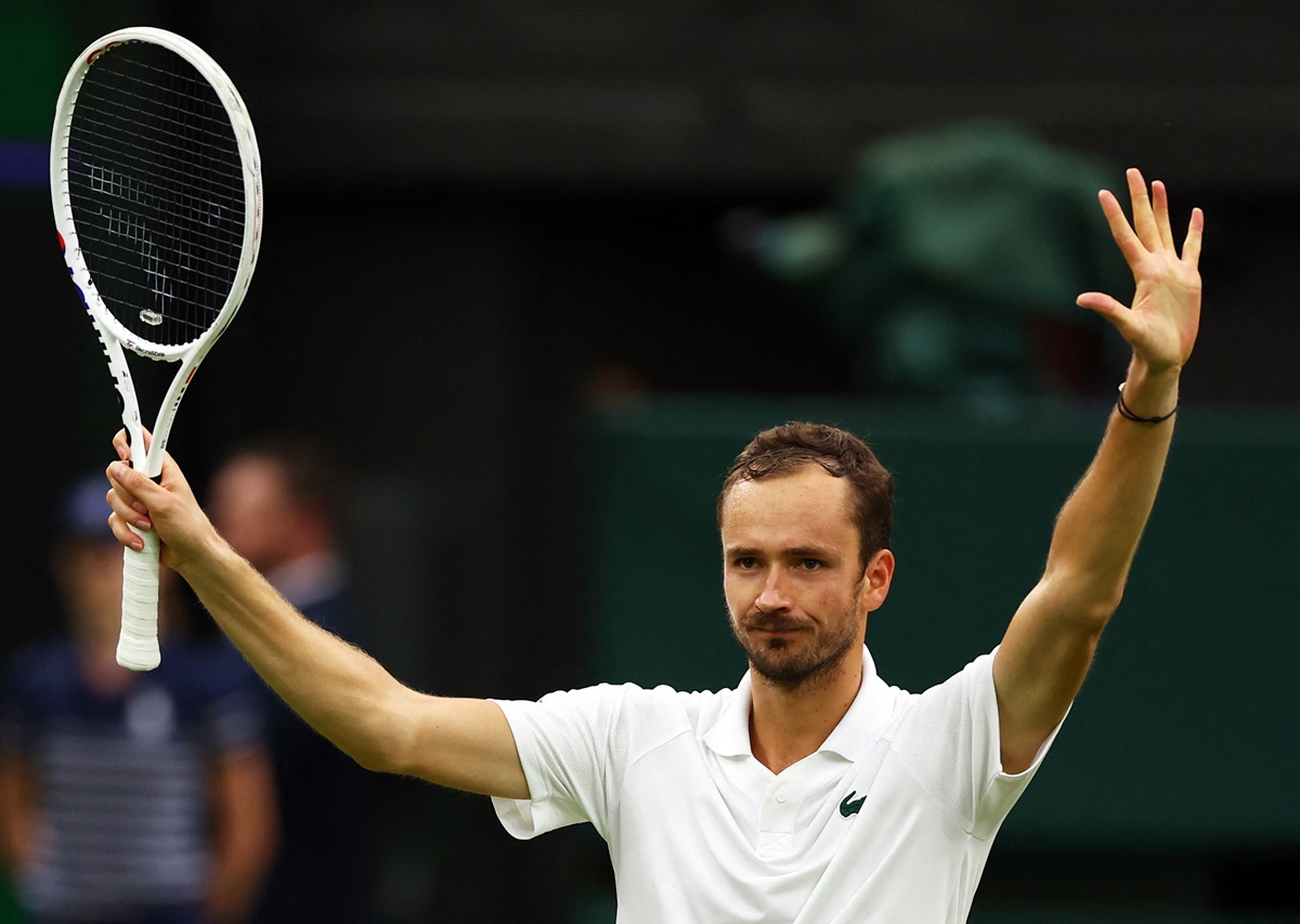 Russia's Daniil Medvedev celebrates victory over Italy's Jannik Sinner in the men's singles quarter-finals at the Wimbledon Championships on Tuesday.