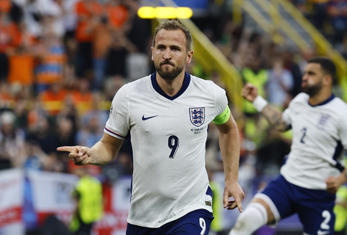 Harry Kane celebrates after scoring.