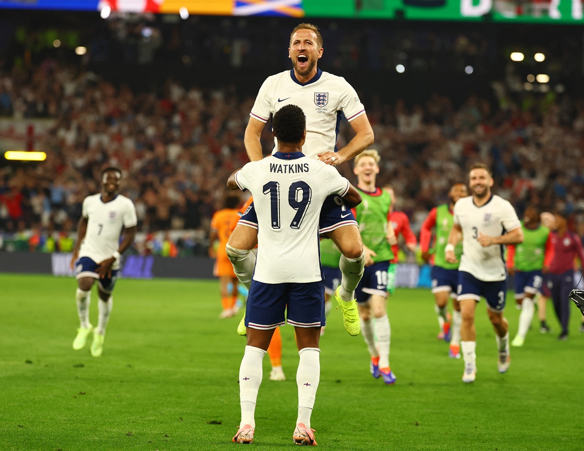 Harry Kane celebrates with Ollie Watkins after England clinch victory over the Netherlands in the Euro 2024 semi-final, at Dortmund BVB Stadion, Germany, on Wednesday. 