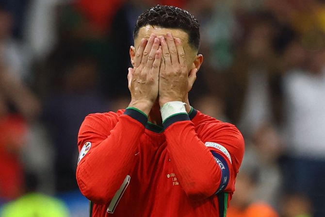 Cristiano Ronaldo reacts after missing a penalty against Slovakia in extra-time during the Euro 2024 match in Frankfurt on Monday.