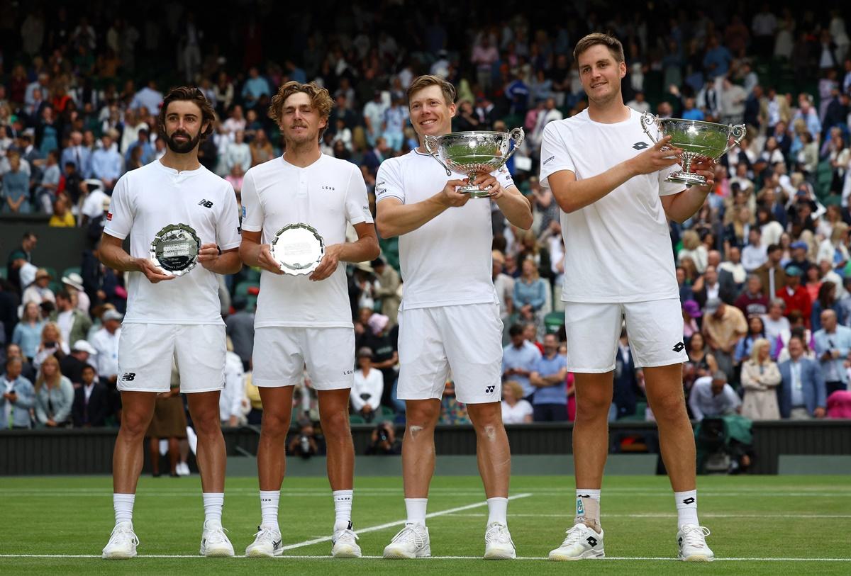 Wimbledon men's doubles champions Henry Patten and Harri Heliovaara alongside runners-up Max Purcell and Jordan Thompson.